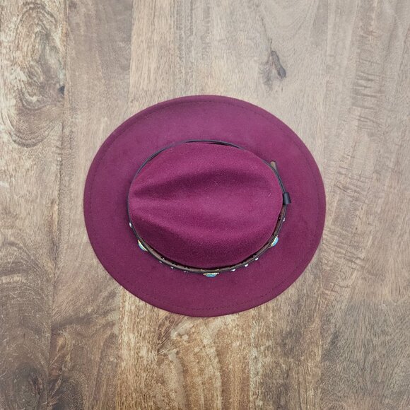 Fedora Style Hat Womens Burdundy Felt Western Turquoise Silver Accents - Picture 5 of 7